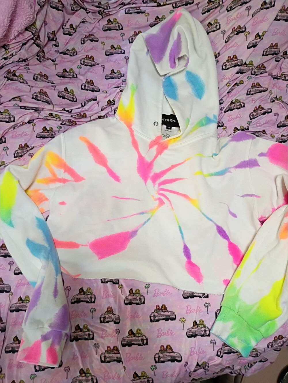 Myrrhe Size Small White Cropped Tie-Dye Hoodie with Neon Spiral